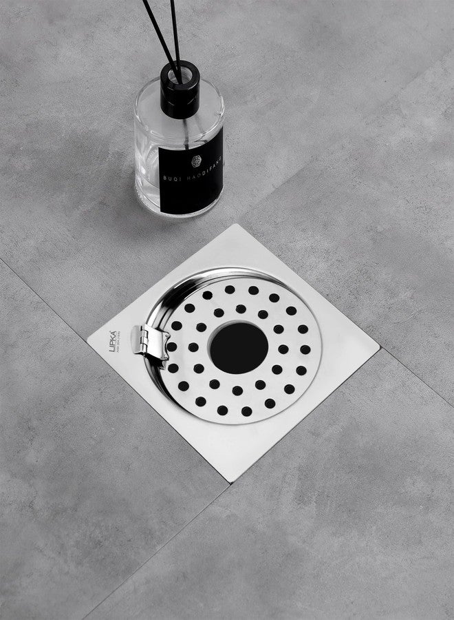 LIPKA Eon Square Flat Cut with Plain Jali Floor Drain |Premium Stainless Steel |5 x 5 Inches| with Hinge & Hole| - Image 1